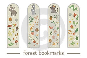 Vector set of bookmarks for children with woodland animals theme.