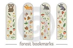 Vector set of bookmarks for children with woodland animals theme.