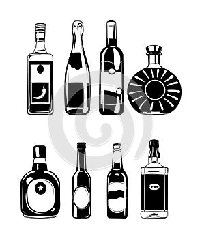 Vector set of bottles for alcohol. Illustration isolated on white