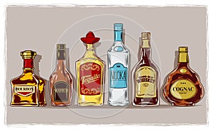 Vector set of bottles with alcohol and stemware