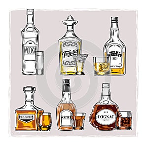 Vector set of bottles with alcohol and stemware