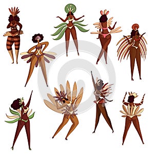 Vector set of Brazilian girls in dancing action. Samba dancers. Latino women in bikini with feathers. Brazil festival