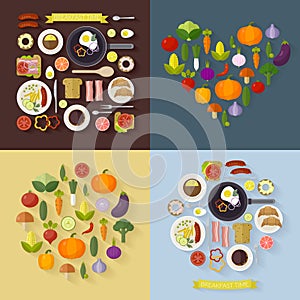 Vector set breakfast time and vegetables with flat icons. Fresh food and drinks in flat style.