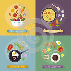 Vector set breakfast time and vegetables with flat icons. Fresh food and drinks in flat style.