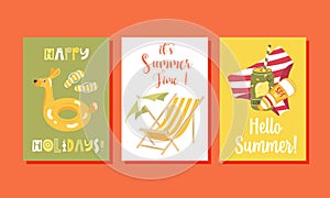 Vector set of bright summer cards. Posters with lemon, beachwear, sunglasess.