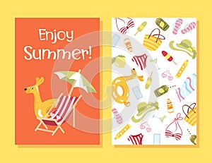 Vector set of bright summer cards. Posters with lemon, beachwear, sunglasess.