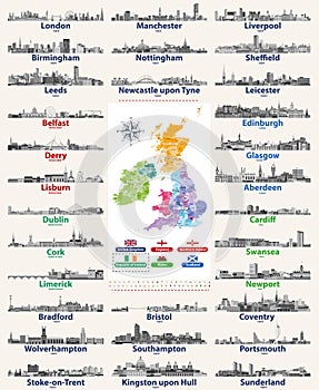 Vector set of British Isles countries cities skylines icons in black and white color palette. Flags and high detailed vector map