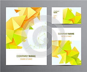 Vector set of brochure, business card, cover, flyer design with triangle origami 3d corporate business template. Layout
