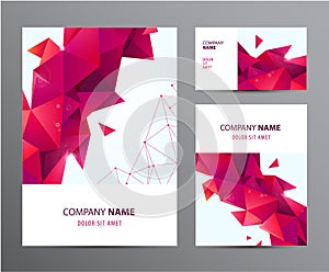 Vector set of brochure, business card, cover, flyer design with triangle origami 3d corporate business template. Layout