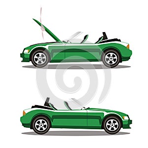 Vector set of broken cartoon green cabriolet sport car before and after crash isolated on white