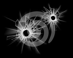Vector Set of Broken Glass Window with two Bullet Holes on Black Background