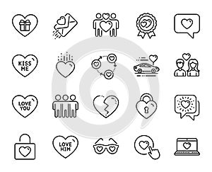 Vector set of Broken heart, Love him and Friends chat line icons set. Vector