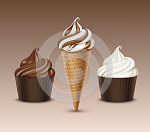 Vector set of Brown Chocolate White Classic Soft Serve Ice Cream Waffle Cone and Brown Carton Cup Close up Isolated on