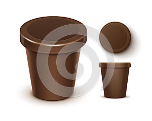 Vector Set of Brown Food Plastic Tub For Chocolate Dessert, Yogurt, Ice Cream with Label for Package Design Mock Up