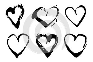 Vector Set of Brush Heart Love Black color on white background. Hand painted grange elements. Ink drawing. Dirty