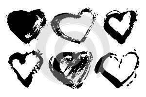 Vector Set of Brush Heart Love Black color on white background. Hand painted grange elements. Ink drawing. Dirty