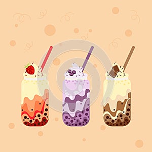 Vector set of bubble tea, chocolate, strawberry and blueberry taste with cream in glass cup witn straw.