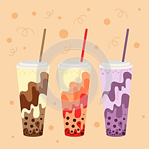 Vector set of bubble tea, chocolate, strawberry and blueberry taste with cream in plastic cup witn cap and straw.