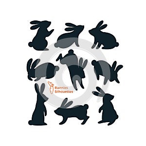 Vector Set of Bunnies Silhouettes. Rabbits Illustration Isolated on White Background. Shapes for Laser Cutting