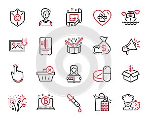 Vector Set of Business icons related to Delete purchase, Drums and Honeymoon cruise. Vector