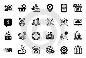 Vector Set of Business icons related to Love mail, Baggage reclaim and Time zone. Vector