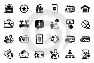 Vector Set of Business icons related to Phone protection, World communication and Loyalty program. Vector