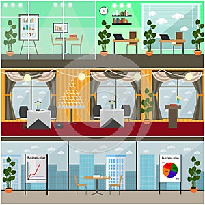 Vector set of business interior posters, banners in flat style