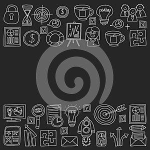 Vector set of bussines icons in doodle style chalk on black background.