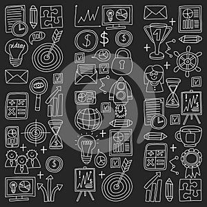 Vector set of bussines icons in doodle style chalk on black background.