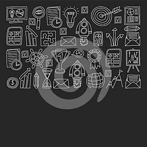 Vector set of bussines icons in doodle style chalk on black background.