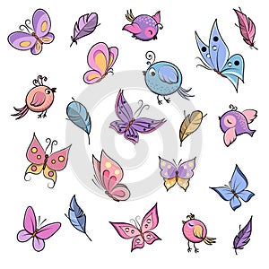 Vector set of butterflies, birds and feathers isolated on white background.