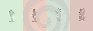 Vector set of cactus illustrations in minimal linear style, hand drawn cacti in pots