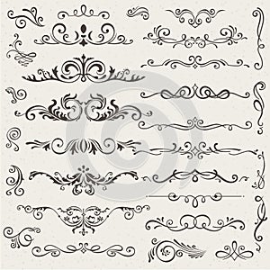 Vector set of calligraphic design elements and page decorations. Elegant collection of hand drawn swirls and curls for