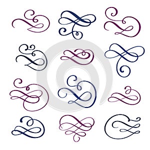 Vector set of calligraphic design elements and page decorations. Elegant collection of hand drawn swirls and curls for