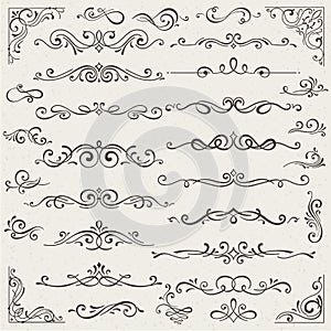 Vector set of calligraphic design elements and page decorations. Elegant collection of hand drawn swirls and curls for