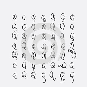 Vector set of calligraphic letters Q, handwritten with pointed nib, decorated with flourishes and decorative elements. Isolated on