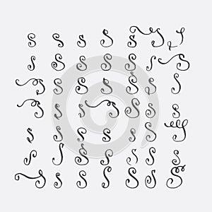 Vector set of calligraphic letters S, handwritten with pointed nib, decorated