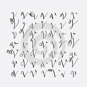 Vector set of calligraphic letters V, handwritten with pointed nib, decorated