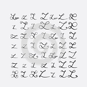 Vector set of calligraphic letters Z, handwritten with pointed nib, decorated