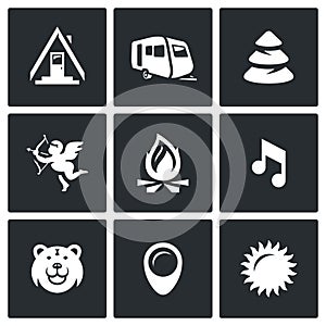 Vector Set of Camping Icons. Camp, Trailer, Forest, Romance, Fire, Music, Animal, Site, Weather.