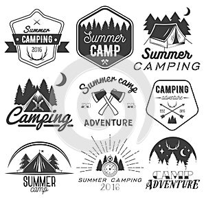 Vector set of camping labels in vintage style. Design elements isolated on white background. Camp outdoor adventure