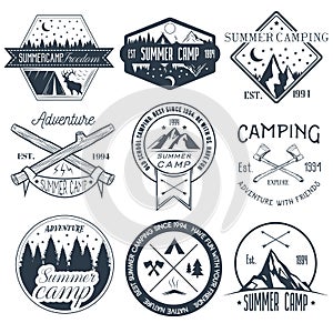 Vector set of camping labels in vintage style. Summer camp outdoor adventure concept illustration.