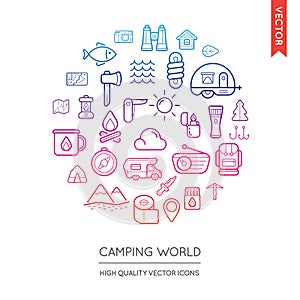 Vector Set of Camping Modern Flat Thin Icons Inscribed in Round