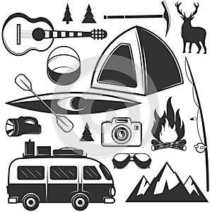 Vector set of camping objects isolated on white background. Travel icons and emblems. Adventure outdoor labels