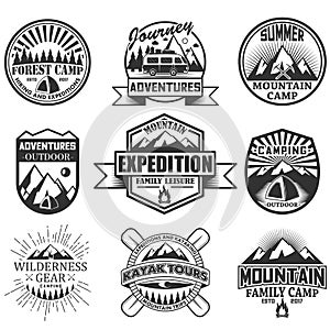 Vector set of camping objects isolated on white background. Travel icons and emblems. Adventure outdoor labels