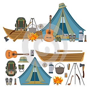 Vector set of camping objects and tools isolated on white background.
