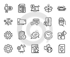 Vector set of Car, Quick tips and Exam time line icons set. Vector