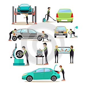 Vector set of car service, auto repair shop workers icons