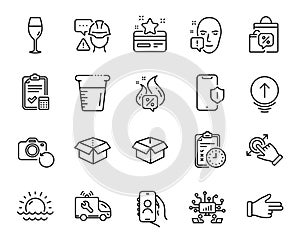 Vector set of Car service, Exam time and Cooking beaker line icons set. Vector