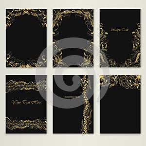 Vector set of cards with golden curls and plants on a black background